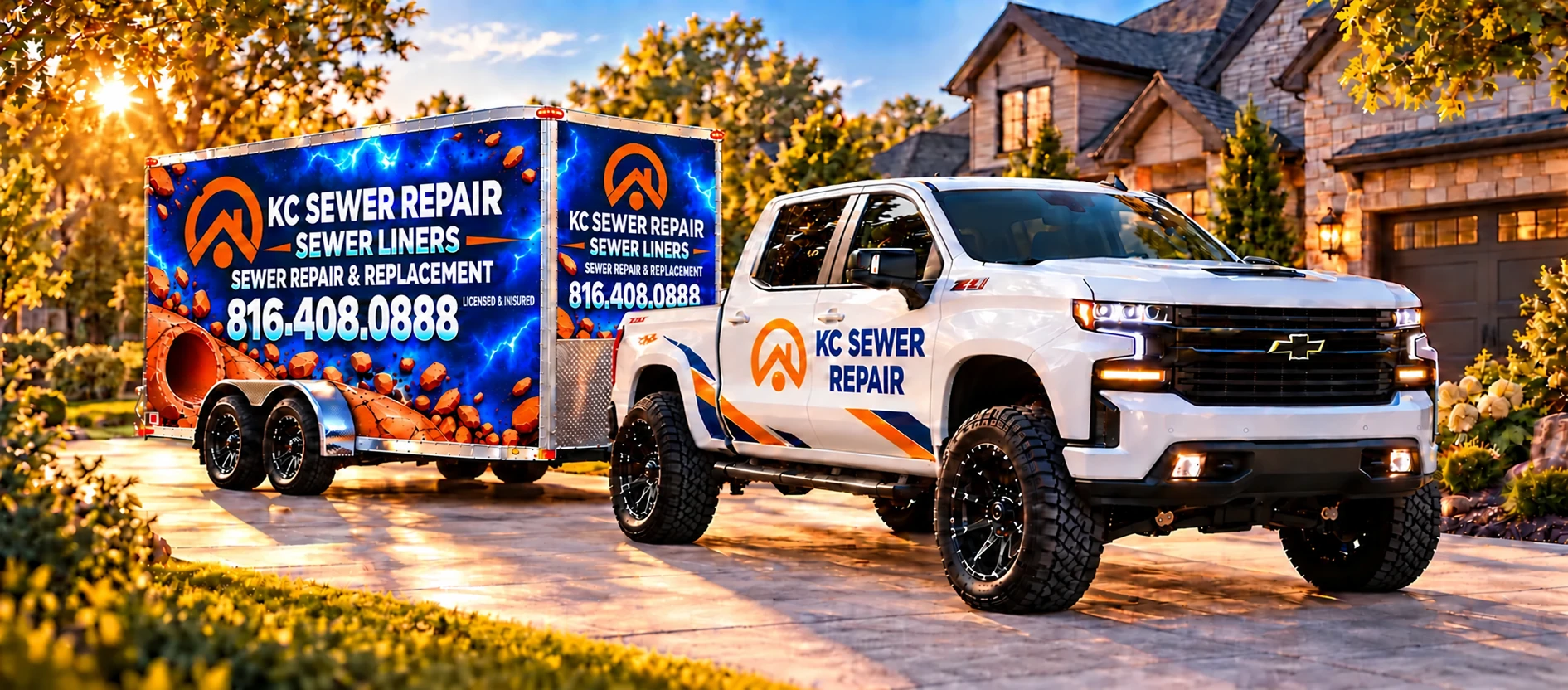 KC Sewer Repair white pickup and trailer with blue and orange wrap