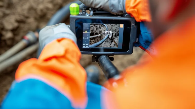 Worker in orange and blue workwear viewing a sewer inspection monitor