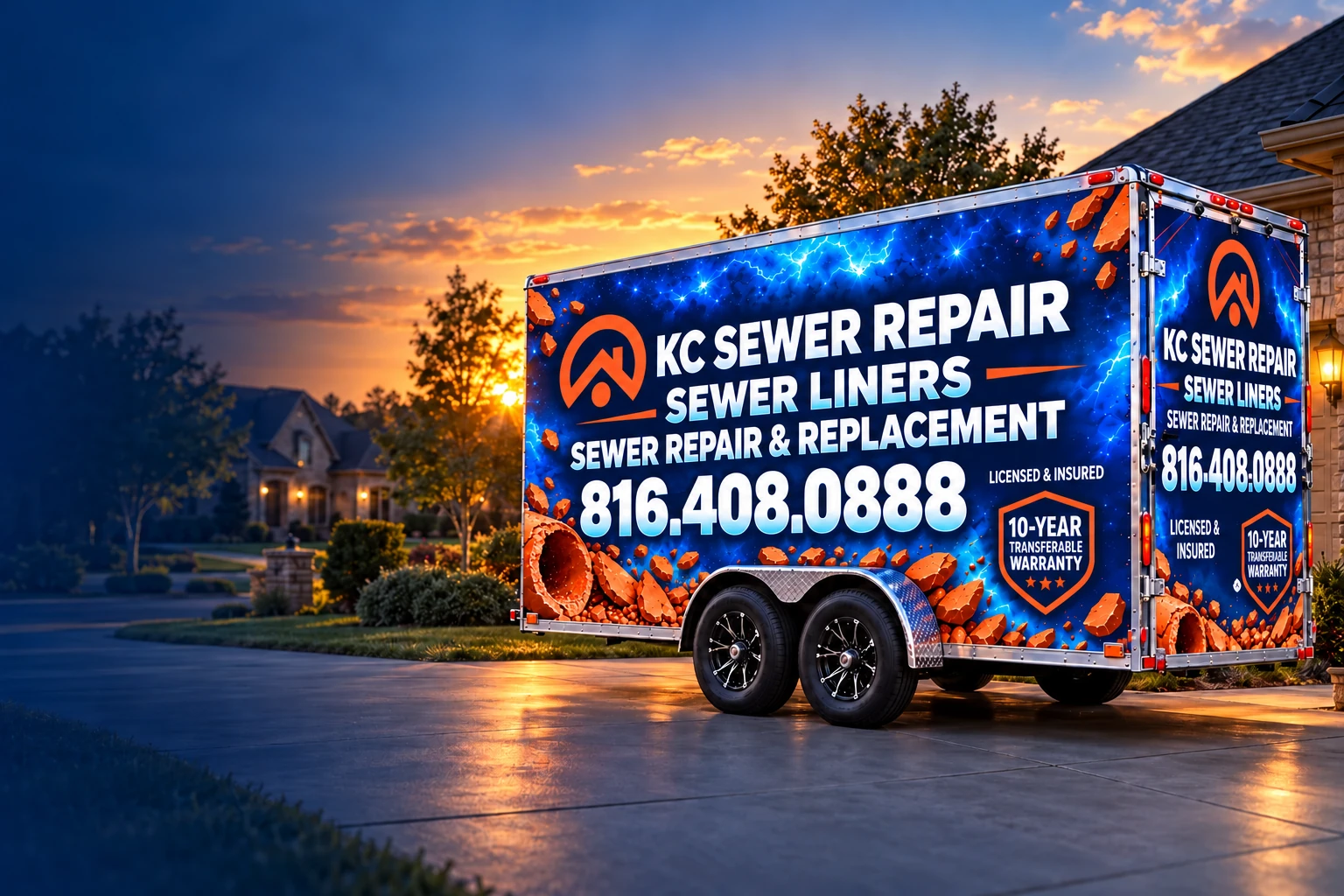 KC Sewer Repair trailer with the approved blue and orange wrap